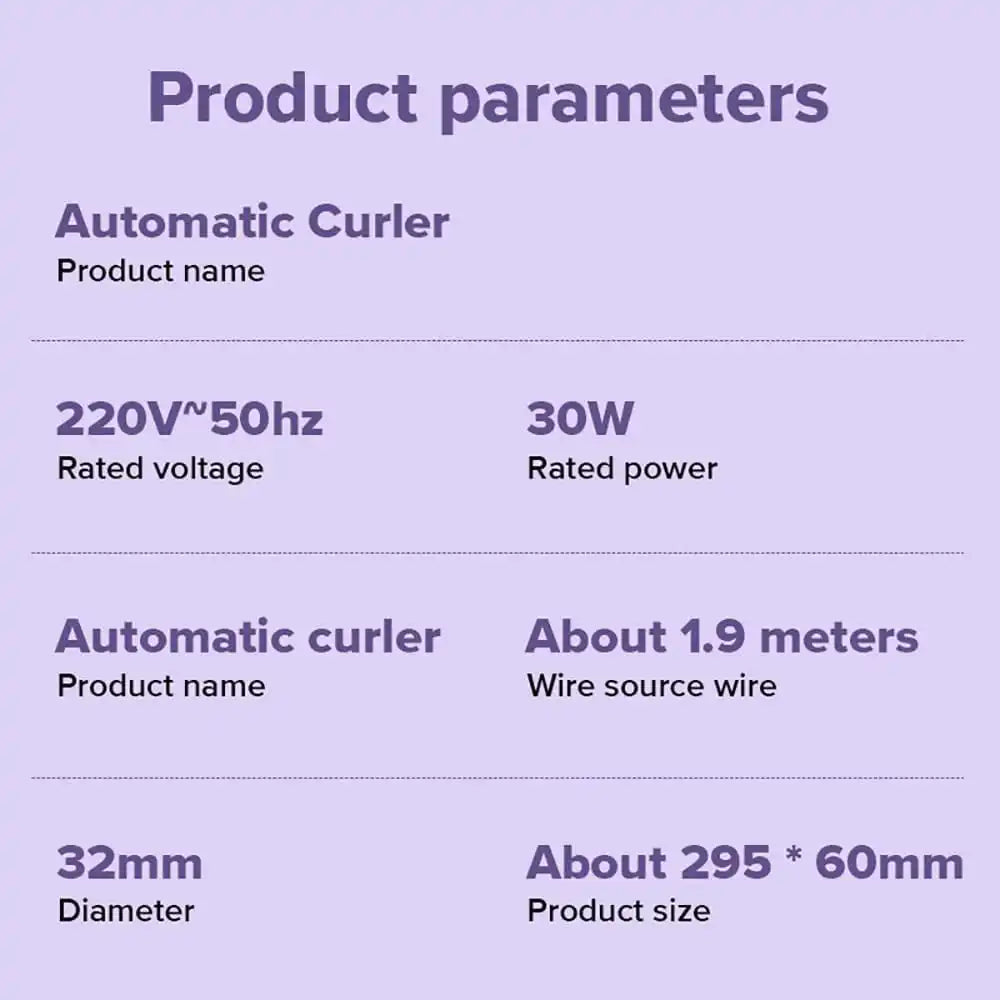 Product parameters of an automatic curler on a purple background