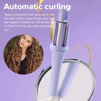 Hair curler with instructions and a woman with wavy hair on a purple background
