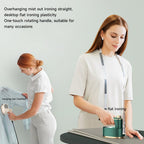 Woman using a flat iron and another person with a measuring tape, on a light gray background.