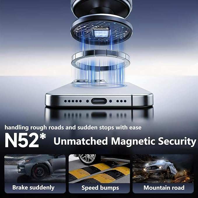 Electronic device with magnetic security feature on a reflective surface, featuring text about its capabilities.