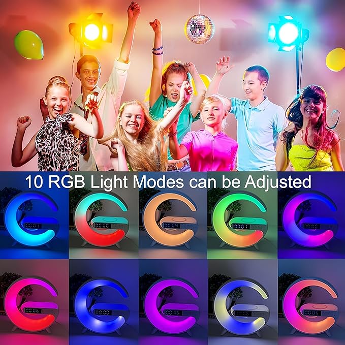 Smart LED Table Lamp Wireless Charger, Night Light, Alarm Clock, and Bluetooth Speaker