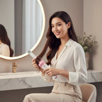 Woman styling her hair with a hair straightener in a bathroom setting