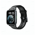 Black smartwatch with a display showing the time and date on a white background