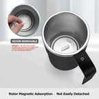 Stainless steel mug with rotor removal feature on a white background