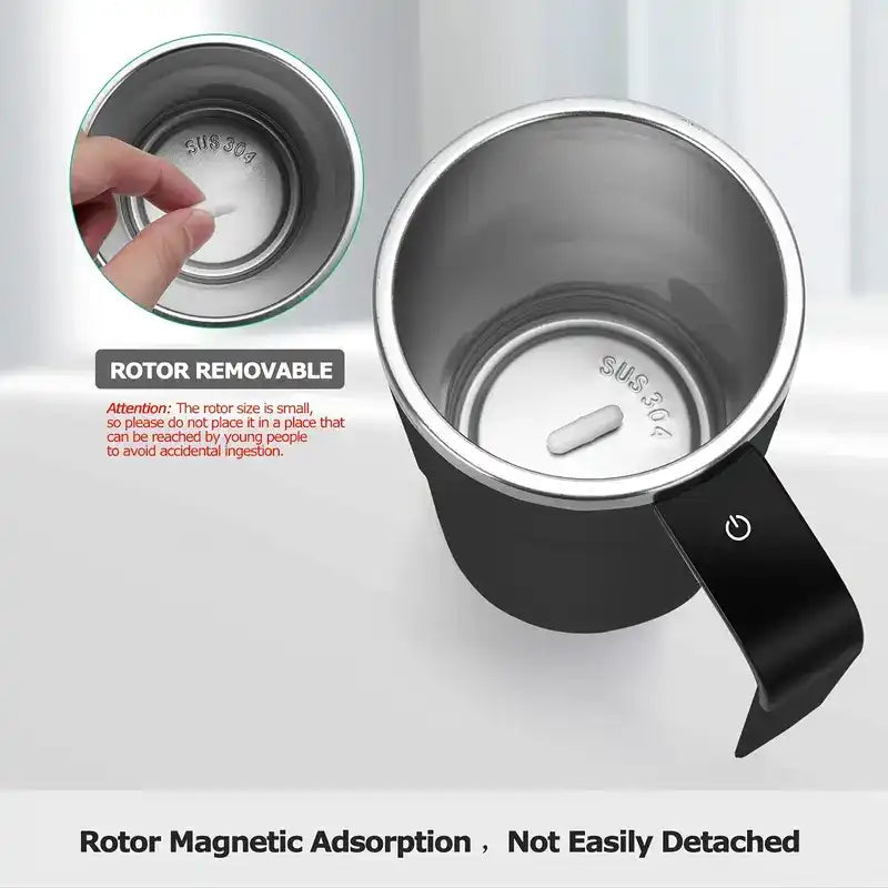 Stainless steel mug with rotor removal feature on a white background