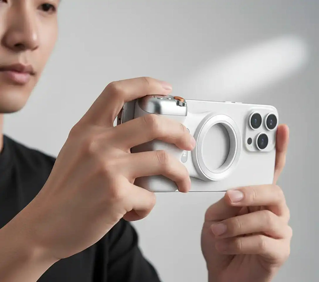 Person holding a white smartphone with a camera module on a plain background