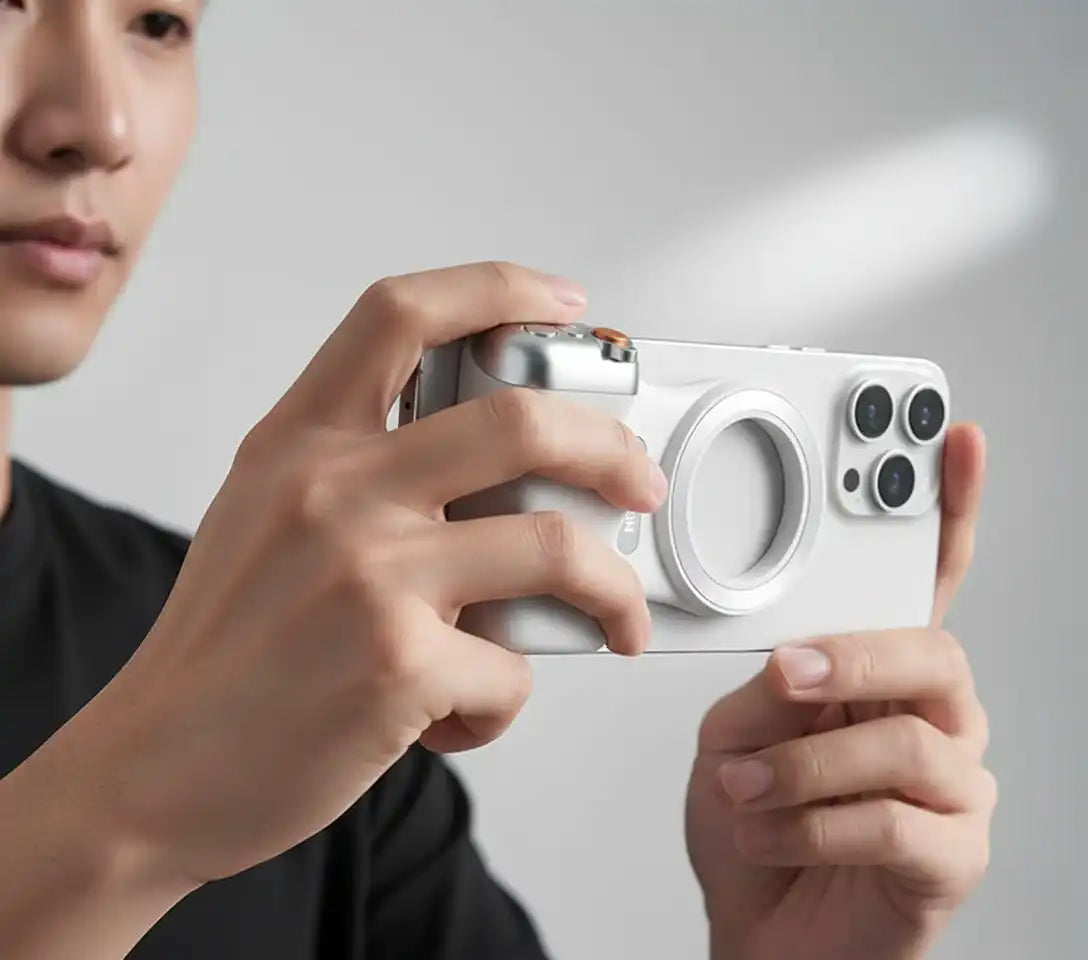 Person holding a white smartphone with a camera module on a plain background