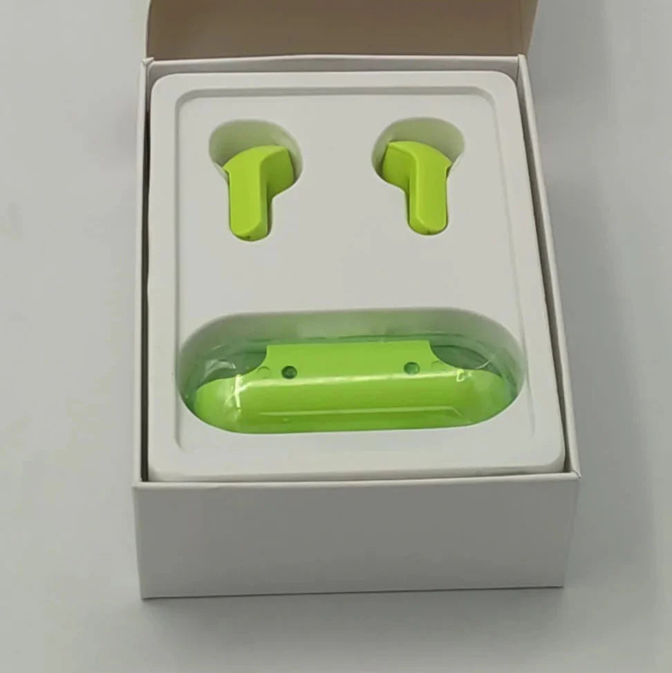 Green wireless earbuds in open box with packaging labeled 'AIR 33' on a gray background
