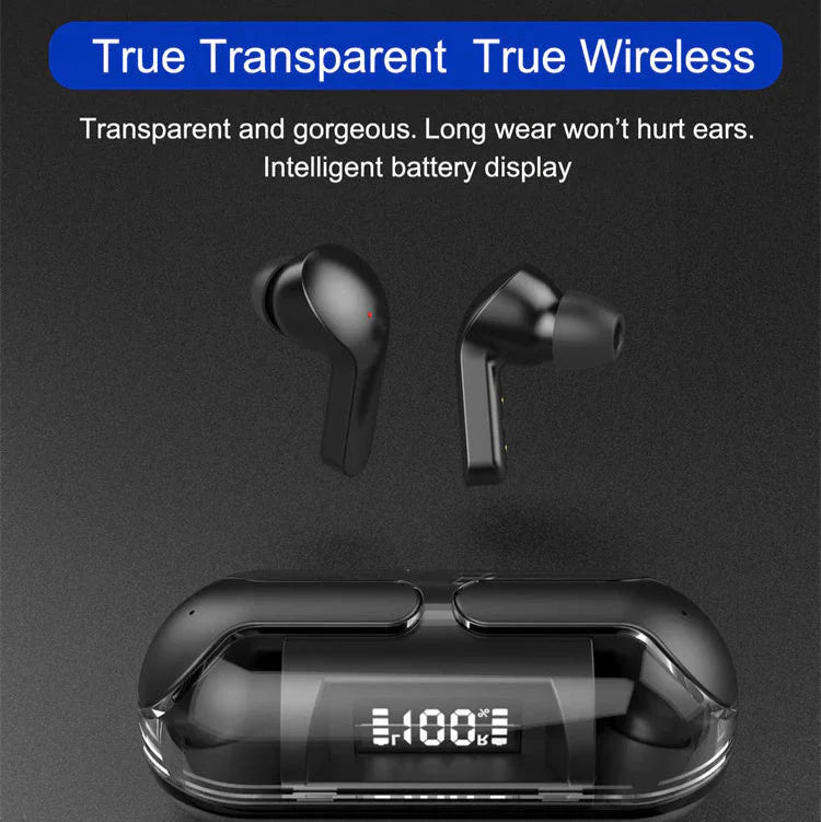 Black wireless earbuds with transparent design and charging case on a dark background
