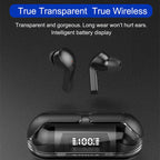 Black wireless earbuds with transparent design and charging case on a dark background