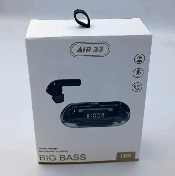 White box with black air purifier illustration and 'AIR 33' branding on a white background