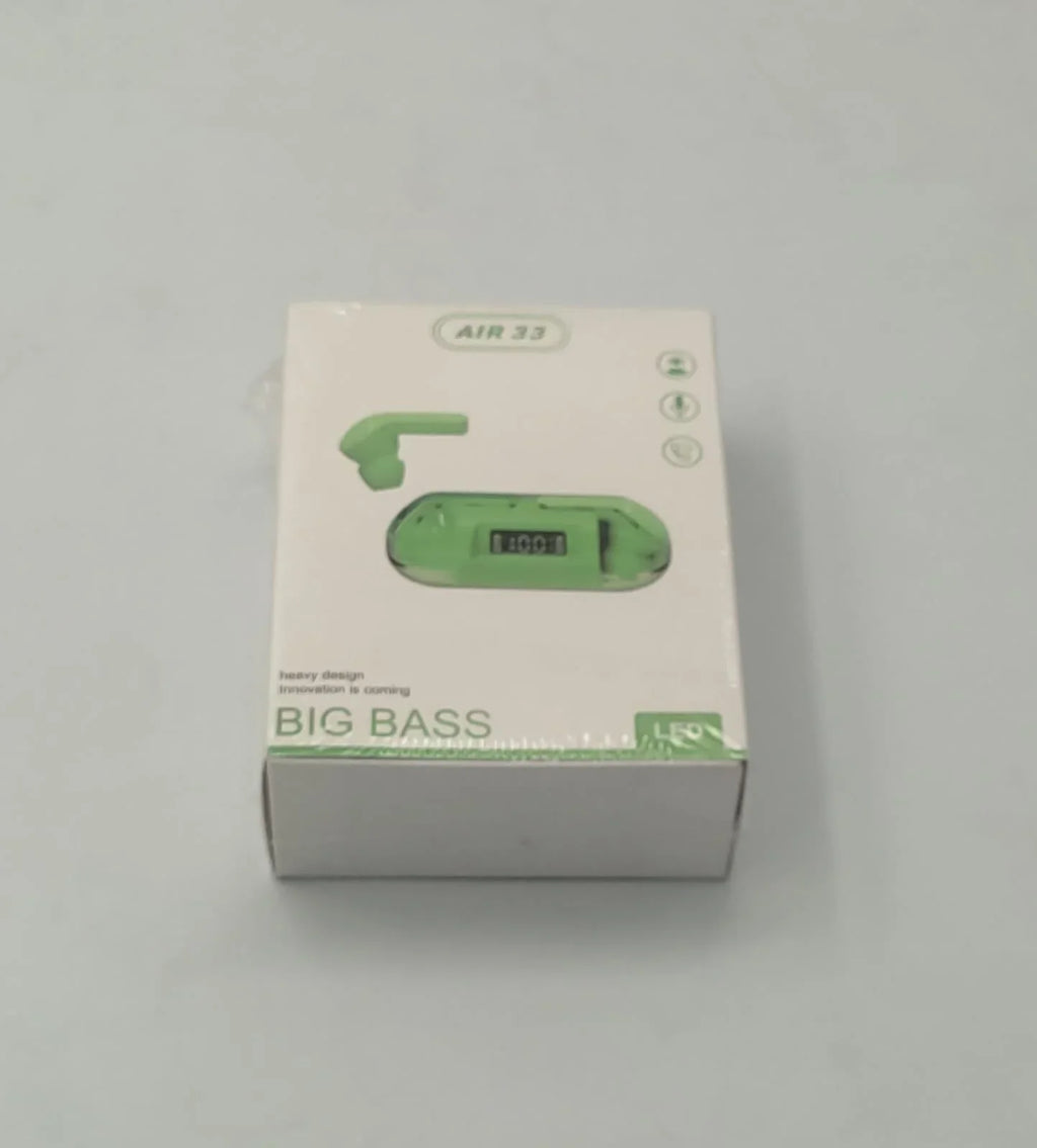 Green electronic device packaging with 'BIG BASS' text on a white background