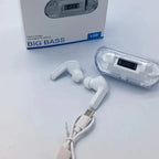 Wireless earbuds with charging case and USB cable on a white background