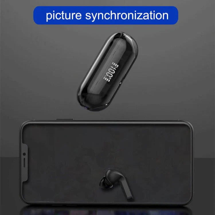 Black earbud and phone case with text about sound and picture synchronization on a dark background
