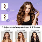 Woman with styled hair and text about adjustable temperatures and timers for hair styling devices.
