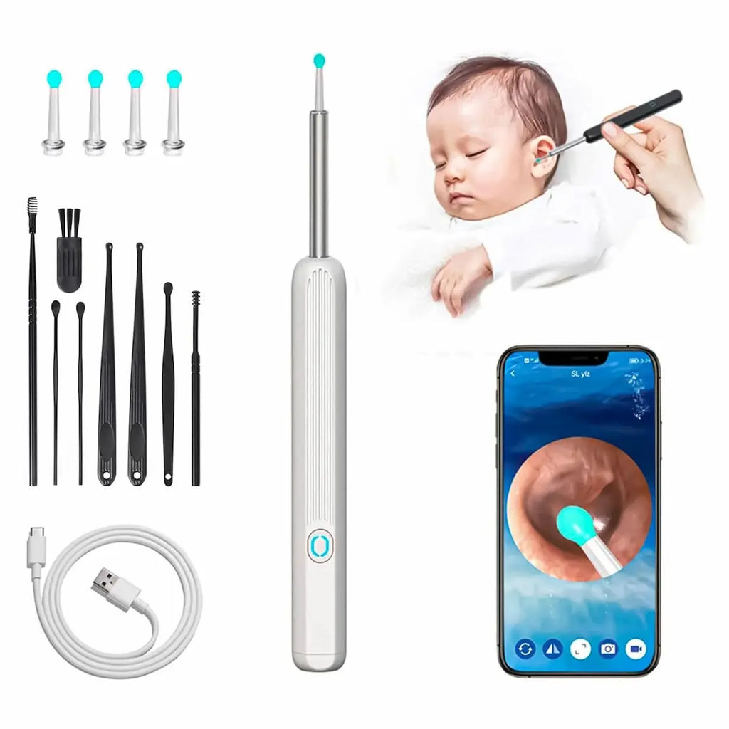 Ear cleaning tool set with smartphone app, baby, and ear cleaning tools on a white background