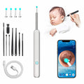 Ear cleaning tool set with smartphone app, baby, and ear cleaning tools on a white background