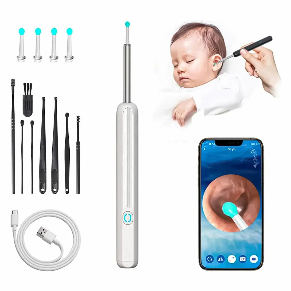 Ear cleaning tool set with smartphone app, baby, and ear cleaning tools on a white background