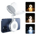 Smartphone with a ring light attachment on a white background, with inset images showing the light in use.