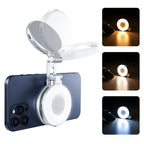 Smartphone with a ring light attachment on a white background, with inset images showing the light in use.