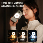 Person using a phone with a ring light, showing three-level lighting options. telesen emirazaar