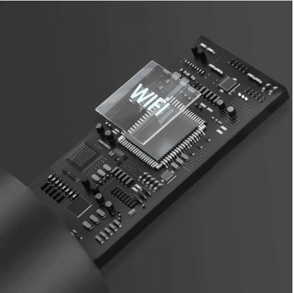 Electronic circuit board with a Wi-Fi module on a dark background