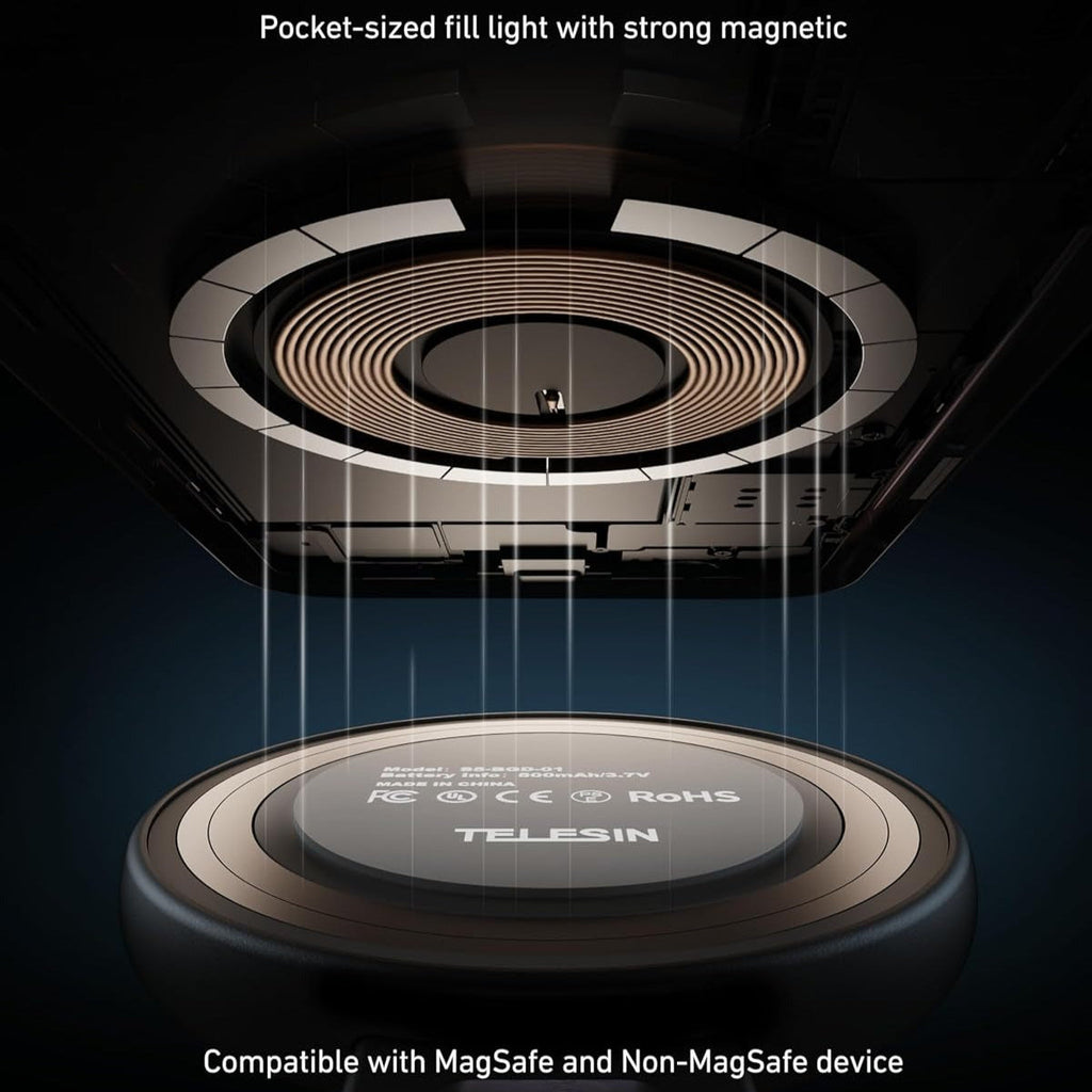 Pocket-sized fill light with strong magnetic connection, compatible with MagSafe and Non-MagSafe devices, on a dark background.