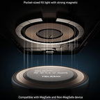 Pocket-sized fill light with strong magnetic connection, compatible with MagSafe and Non-MagSafe devices, on a dark background.