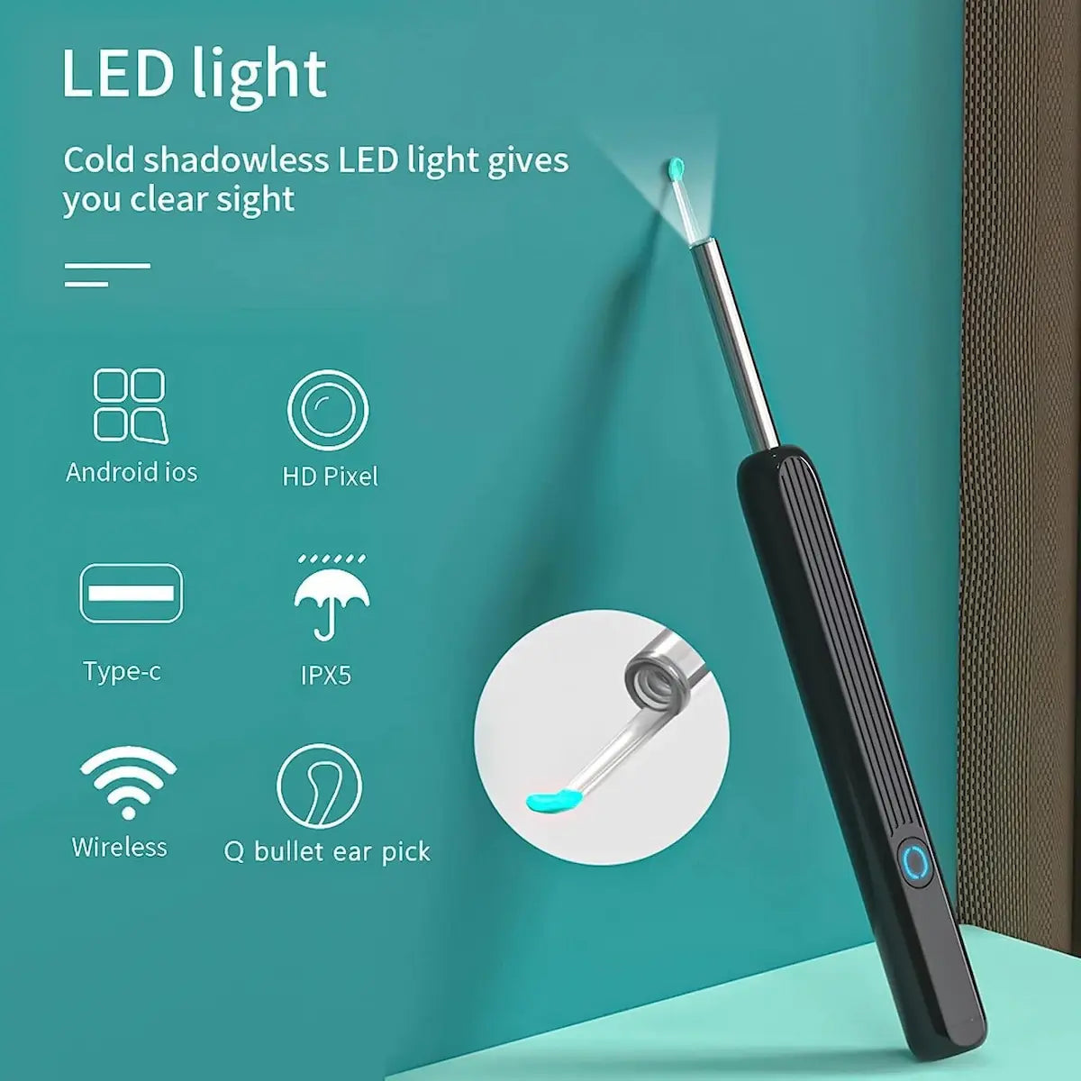 Black LED light device with features listed on a teal background