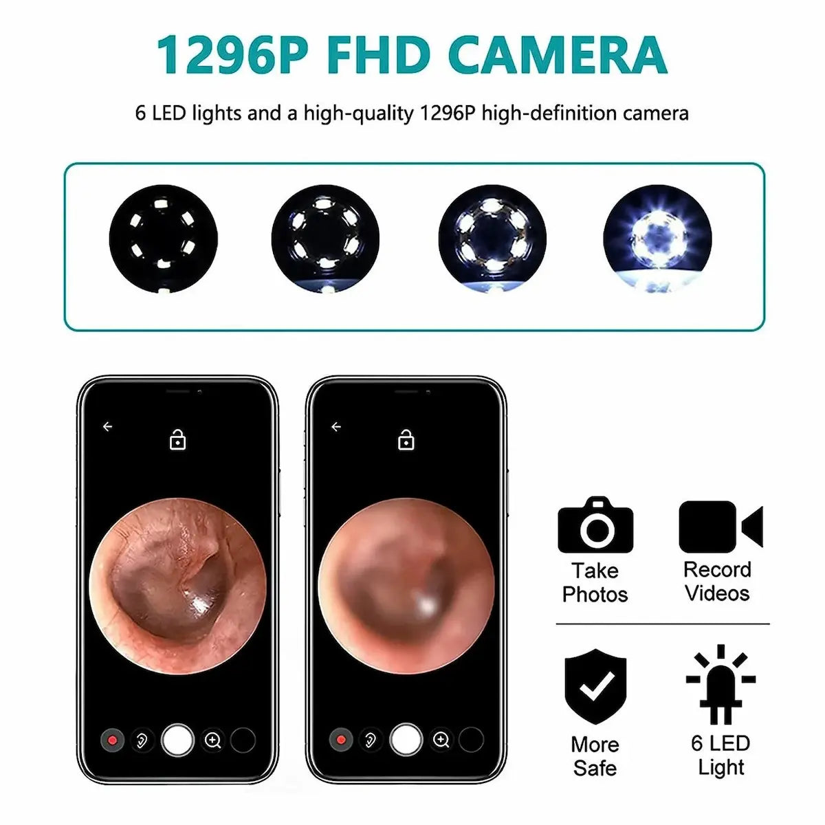 Ear inspection device with 1296P FHD camera and 6 LED lights on a white background.