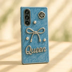 Luxury 3D Bow & Pearl Case – Glam Marble Phone Cover with Queen Badge