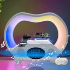 Multifunctional device with LED display, charging stations, and remote control on a colorful background