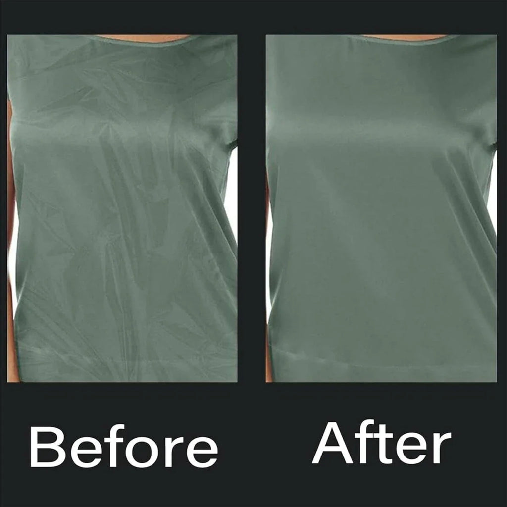 Comparison of a green shirt labeled 'Before' and 'After' on a black background.