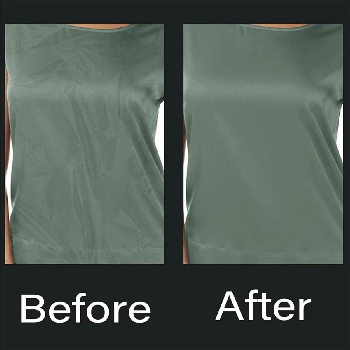 Comparison of a green shirt labeled 'Before' and 'After' on a black background.