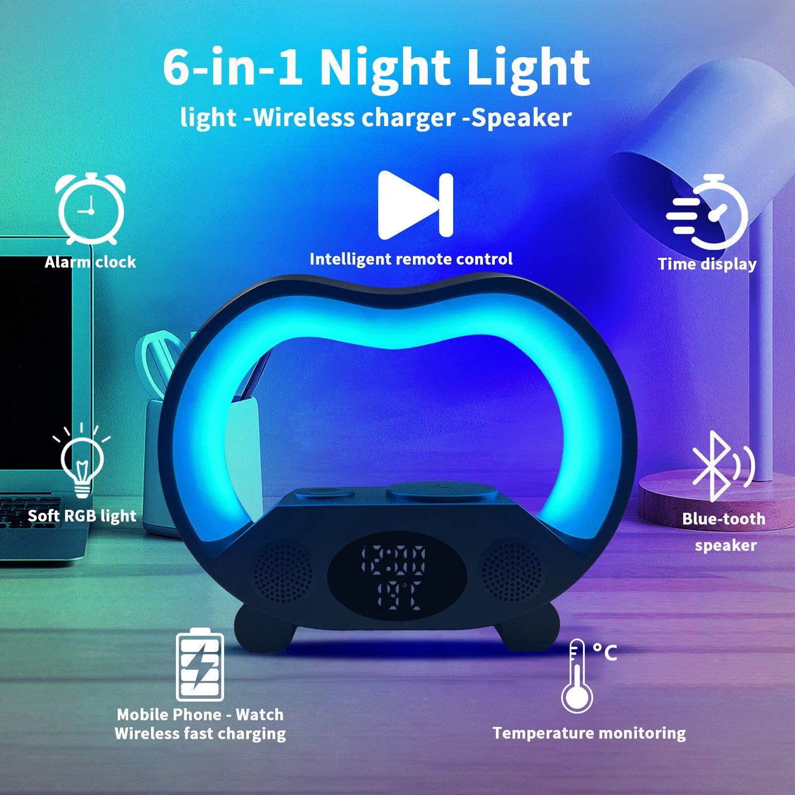 6-in-1 Smart LED Table Lamp with Wireless - مصباح ذكي 6 في 1 مع شاحن وسماعة