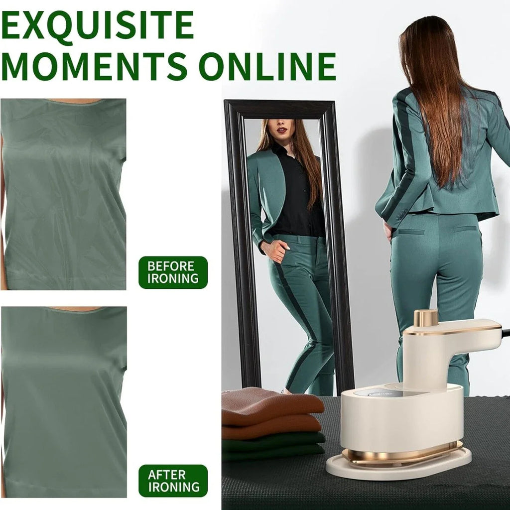 Woman in green outfit with before and after ironing comparison, ironing board with iron, and text 'Exquisite Moments Online'.