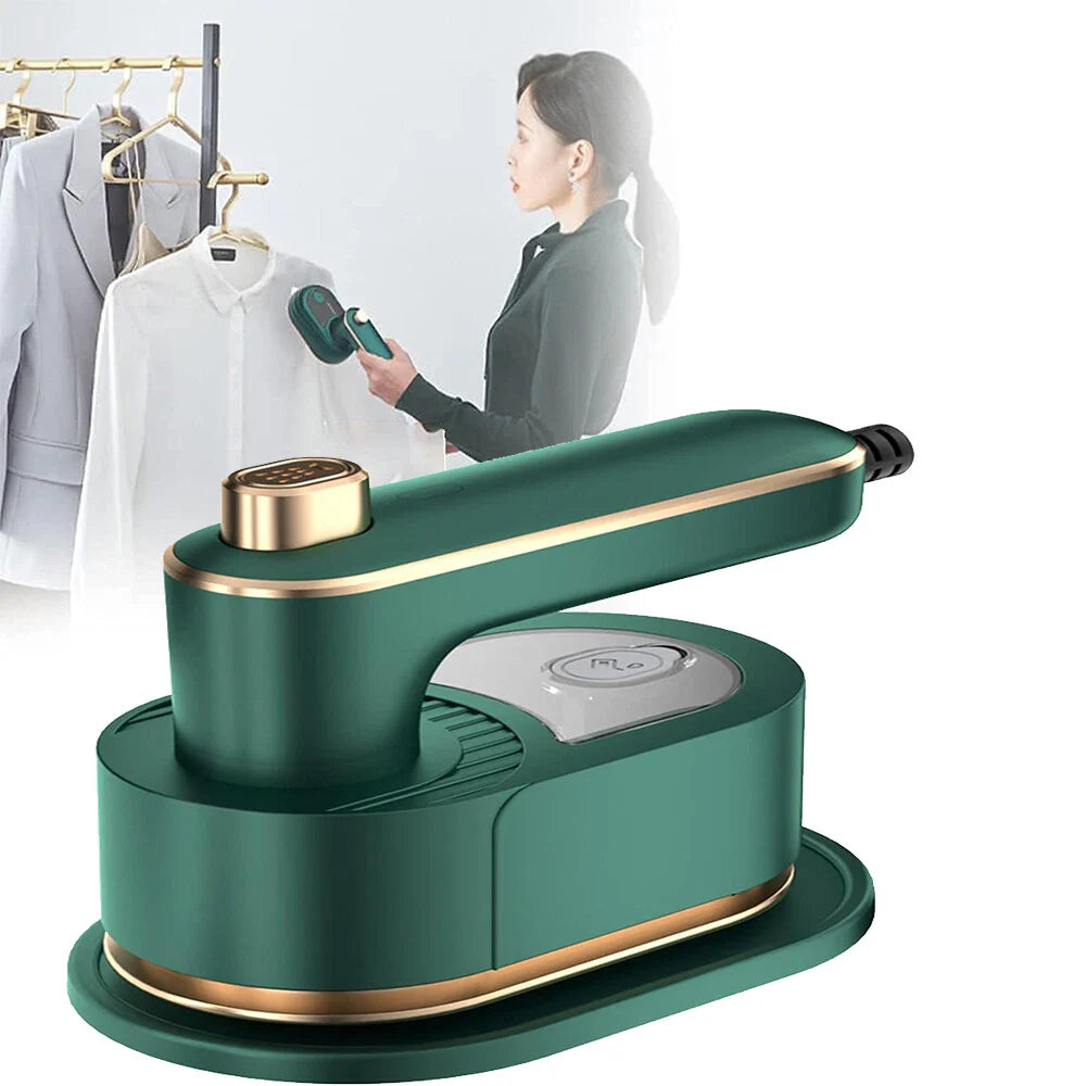 Green handheld steamer with a woman using it on a white background