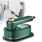 Green handheld steamer with a woman using it on a white background